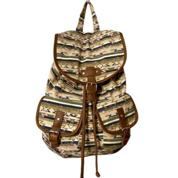 Womens Backpack Neutral Earth Colors Aztec Geometric Print Lined - Picture 1 of 7